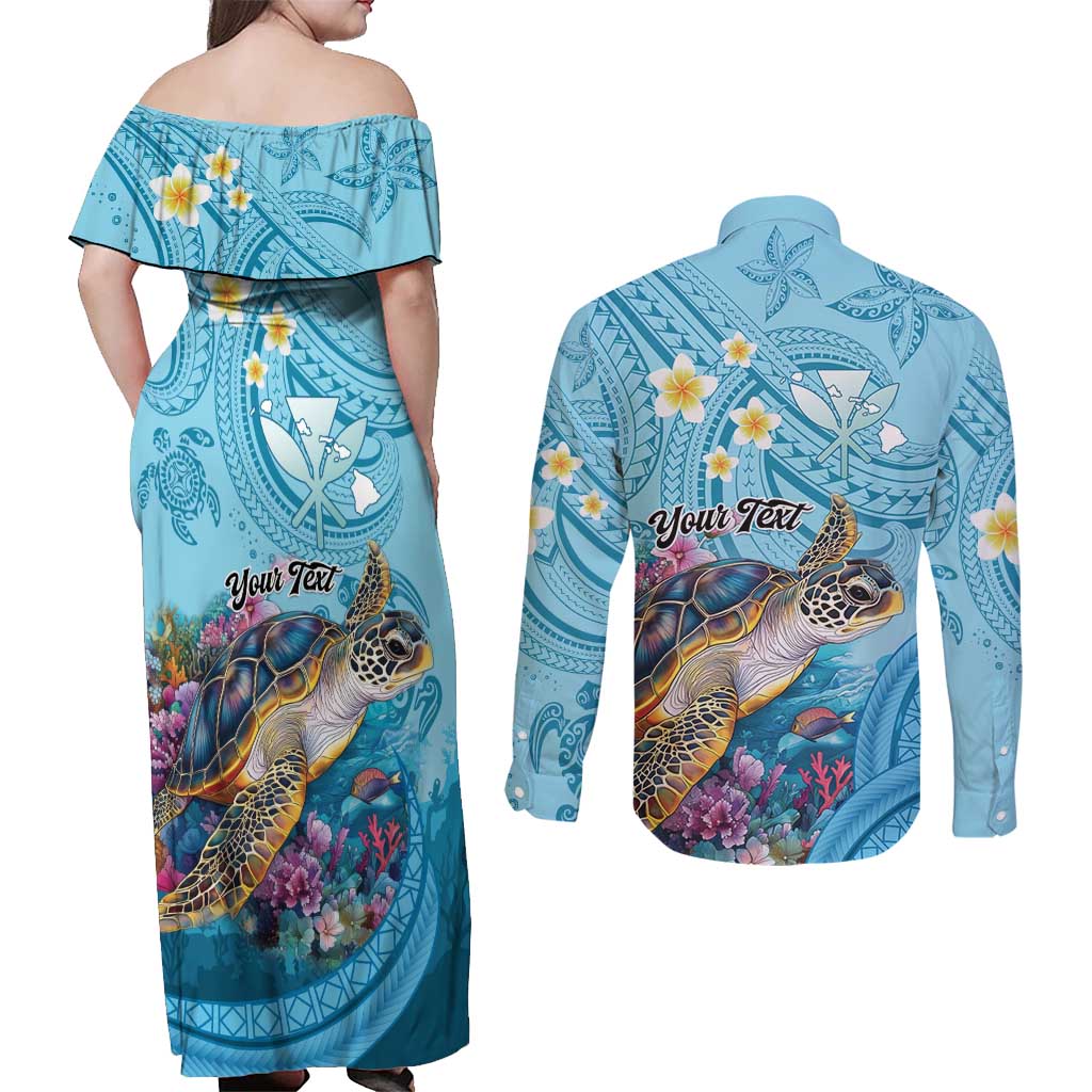 Personalized Hawaii Sea Turtle Couples Matching Off Shoulder Maxi Dress and Long Sleeve Button Shirt Hawaii Map Ocean Vibes