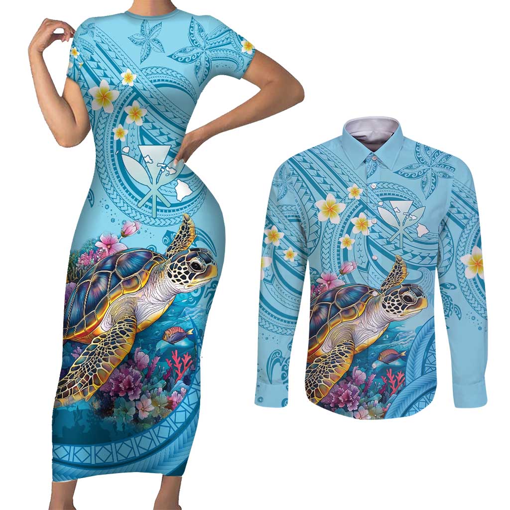 Personalized Hawaii Sea Turtle Couples Matching Short Sleeve Bodycon Dress and Long Sleeve Button Shirt Hawaii Map Ocean Vibes