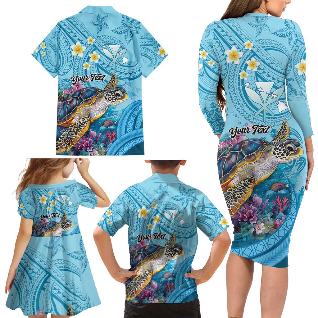 Personalized Hawaii Sea Turtle Family Matching Long Sleeve Bodycon Dress and Hawaiian Shirt Hawaii Map Ocean Vibes