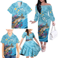 Personalized Hawaii Sea Turtle Family Matching Off The Shoulder Long Sleeve Dress and Hawaiian Shirt Hawaii Map Ocean Vibes