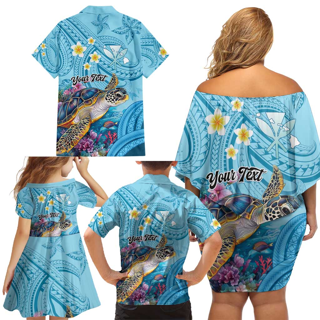 Personalized Hawaii Sea Turtle Family Matching Off Shoulder Short Dress and Hawaiian Shirt Hawaii Map Ocean Vibes