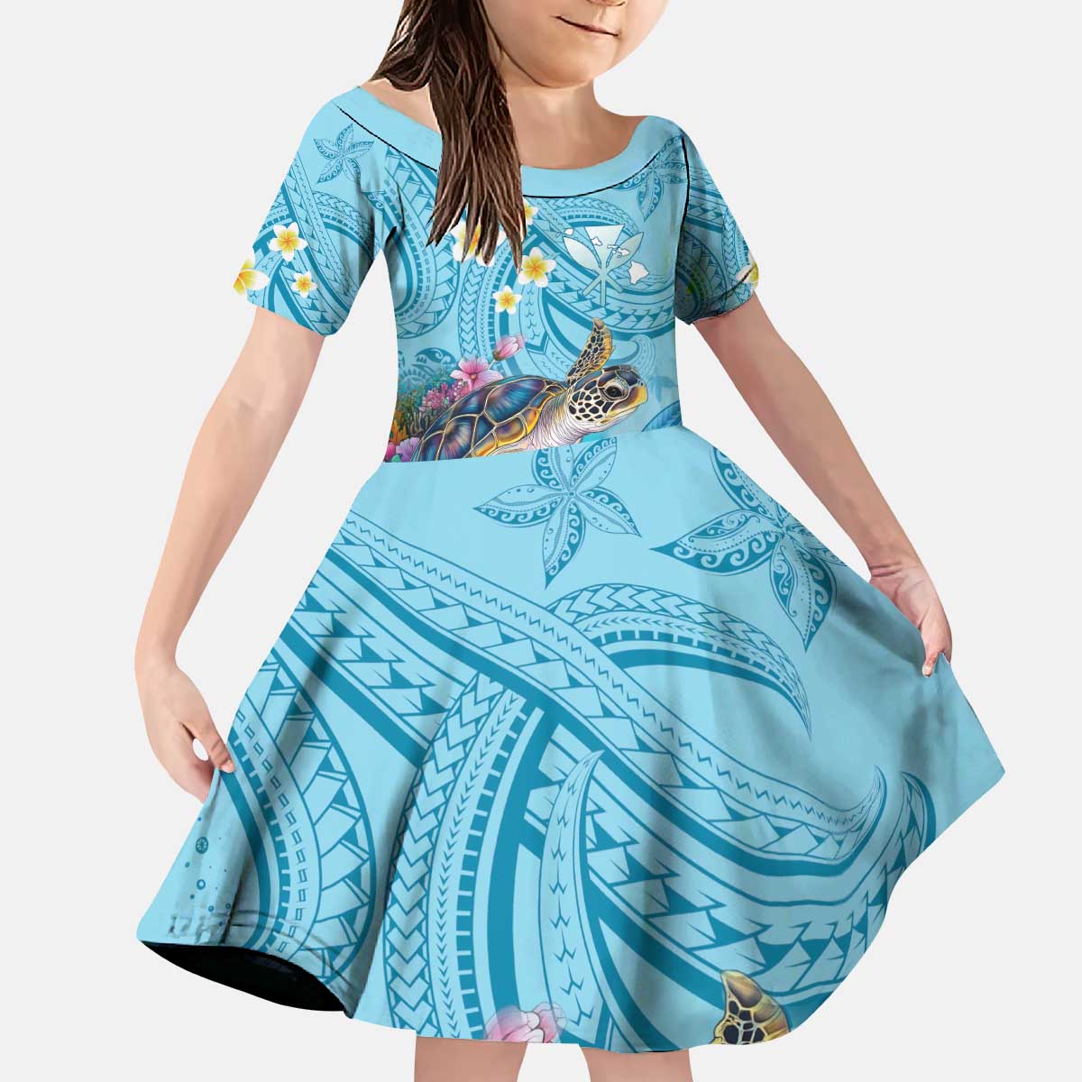 Personalized Hawaii Sea Turtle Kid Short Sleeve Dress Hawaii Map Ocean Vibes