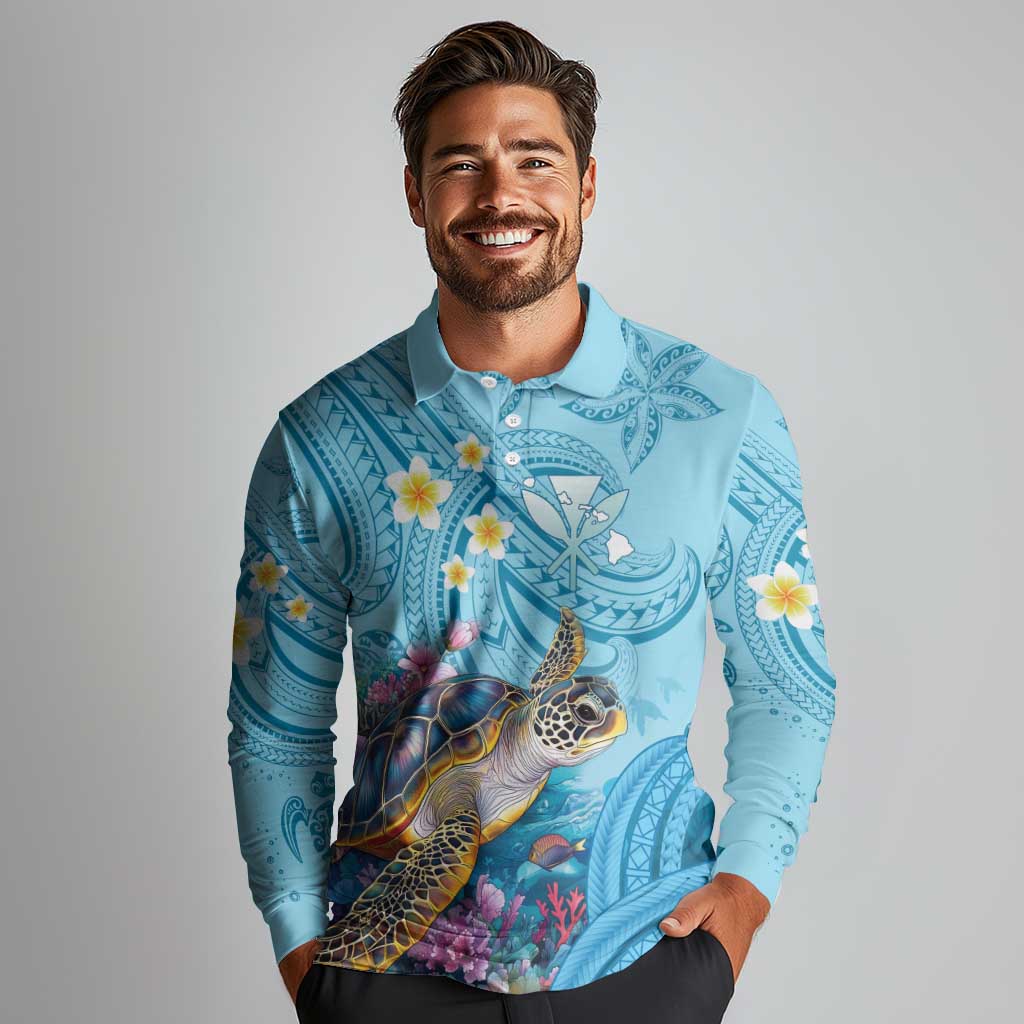 Personalized Hawaii Sea Turtle Long Sleeve Polo Shirt Hawaii Map Ocean Vibes