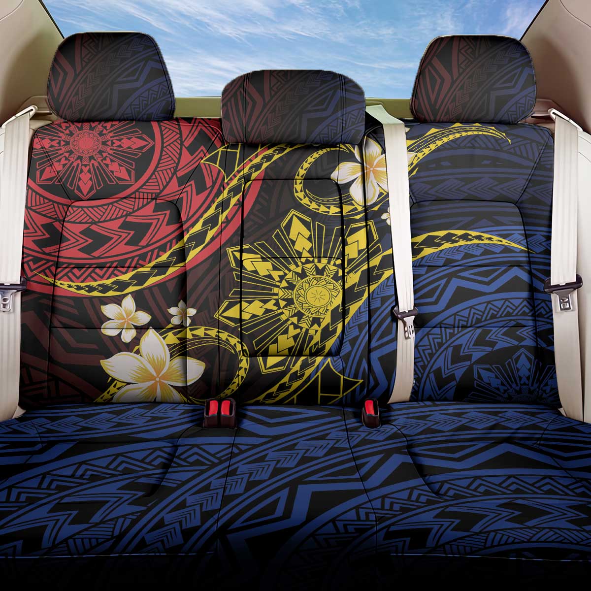 Philippines Spirit Tribal Sun Plumeria Back Car Seat Cover Red And Blue Polynesian Pattern