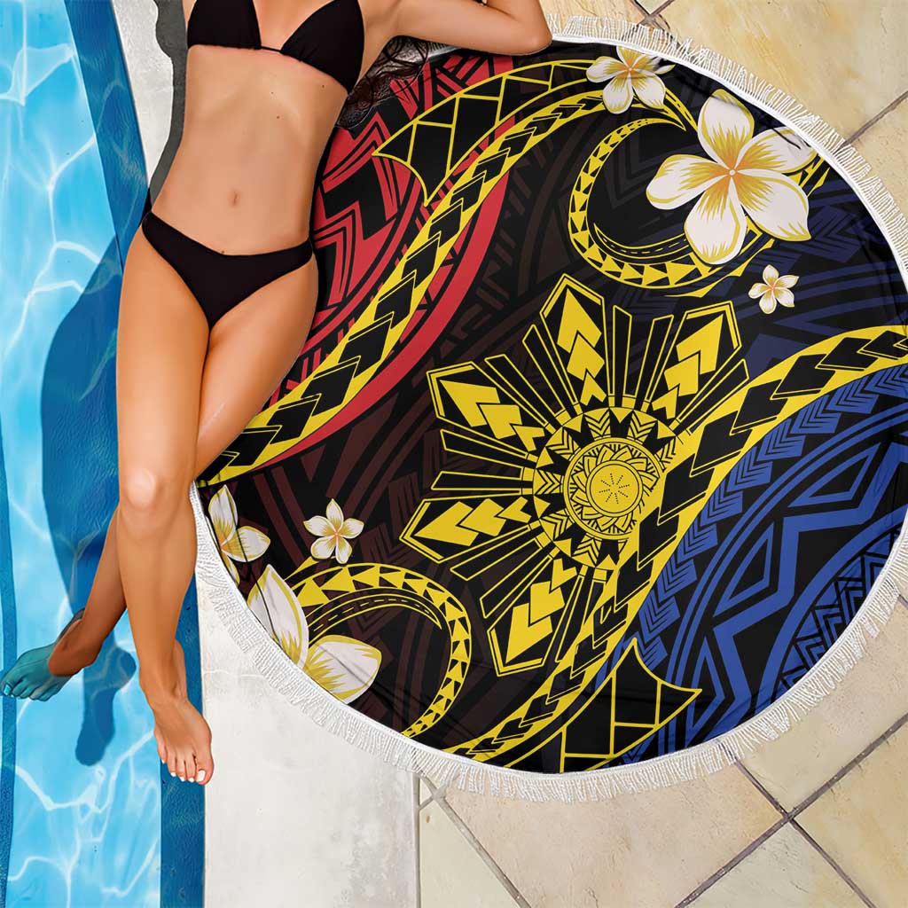 Philippines Spirit Tribal Sun Plumeria Beach Blanket Red And Blue Polynesian Pattern