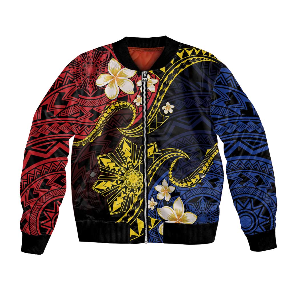 Philippines Spirit Tribal Sun Plumeria Bomber Jacket Red And Blue Polynesian Pattern