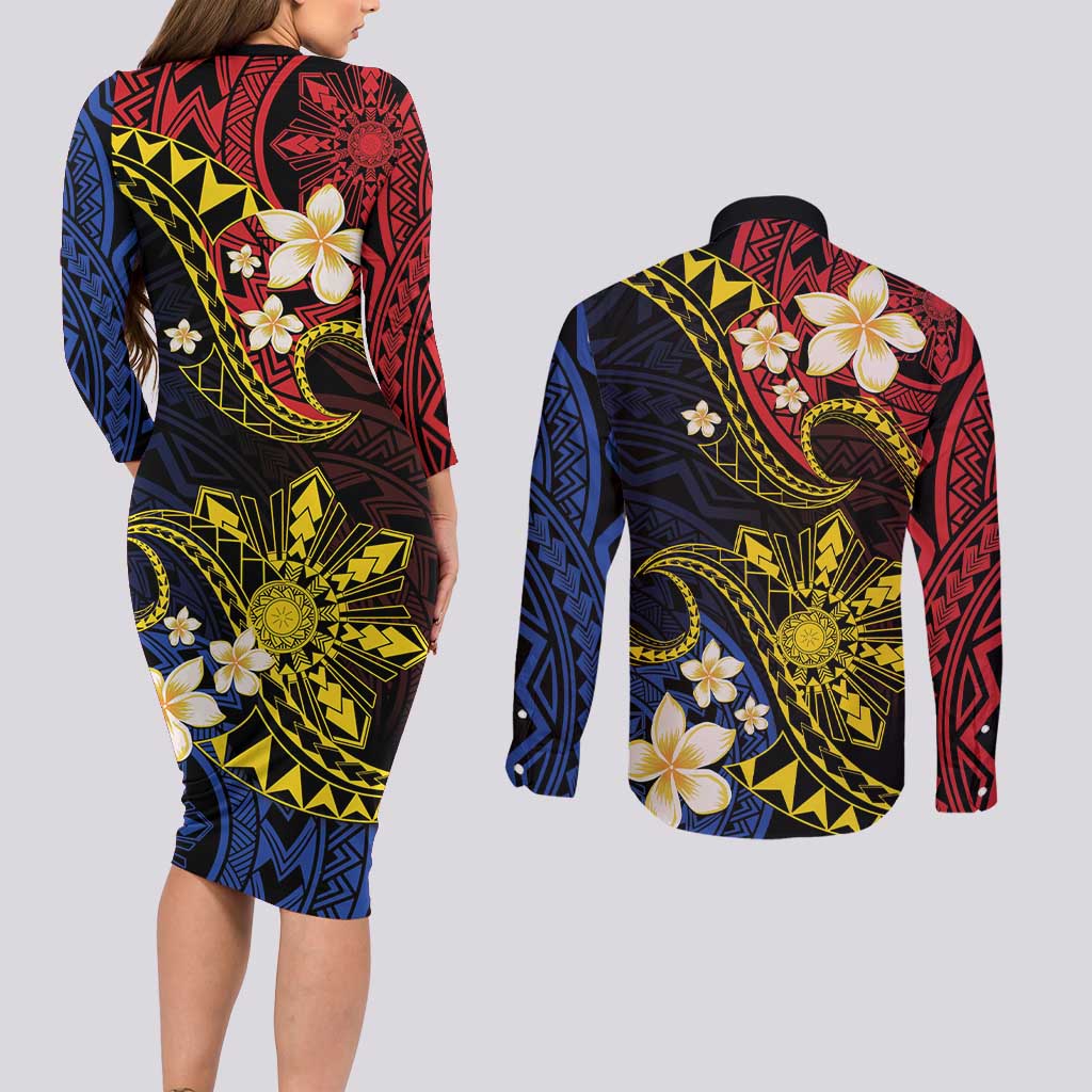 Philippines Spirit Tribal Sun Plumeria Couples Matching Long Sleeve Bodycon Dress and Long Sleeve Button Shirt Red And Blue Polynesian Pattern