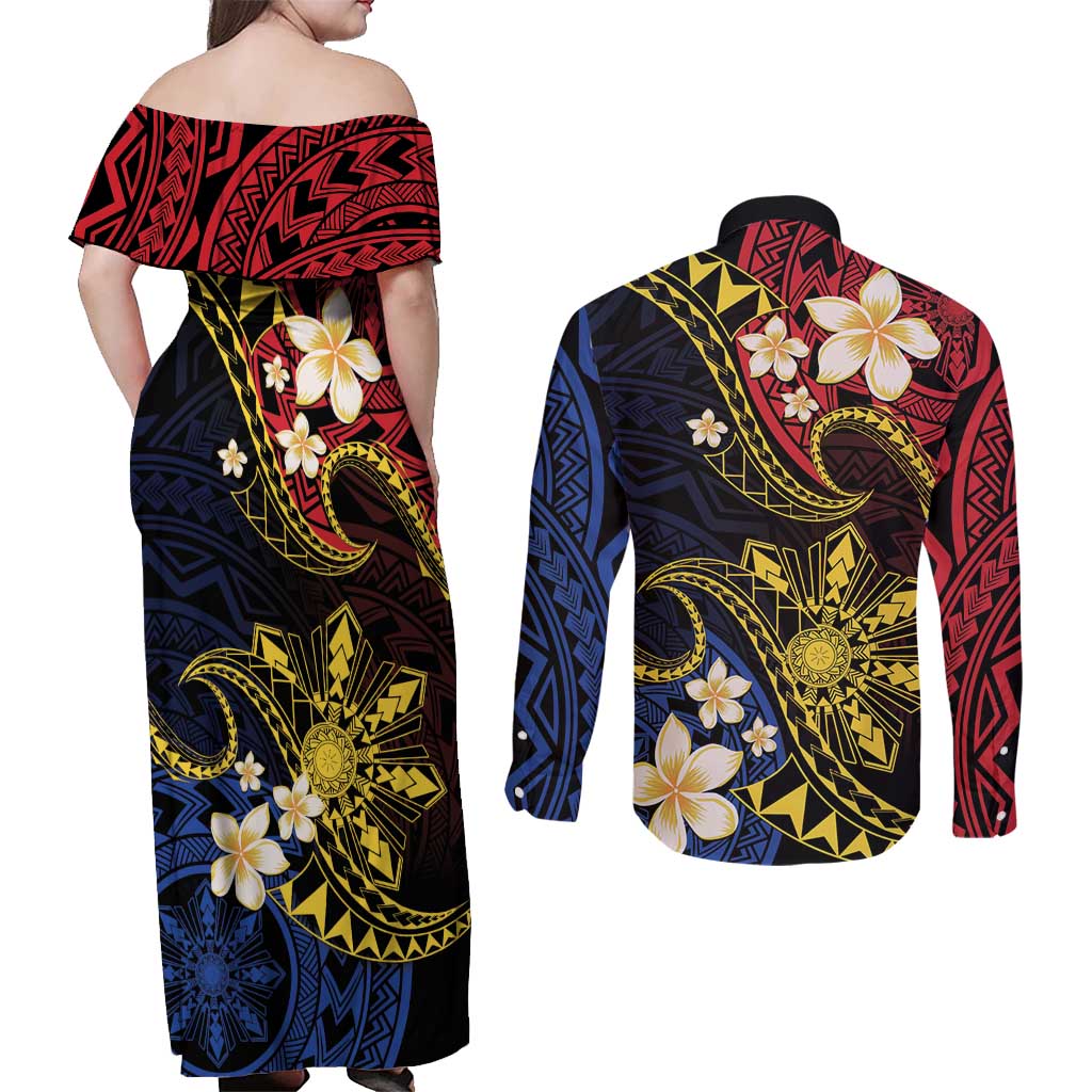 Philippines Spirit Tribal Sun Plumeria Couples Matching Off Shoulder Maxi Dress and Long Sleeve Button Shirt Red And Blue Polynesian Pattern