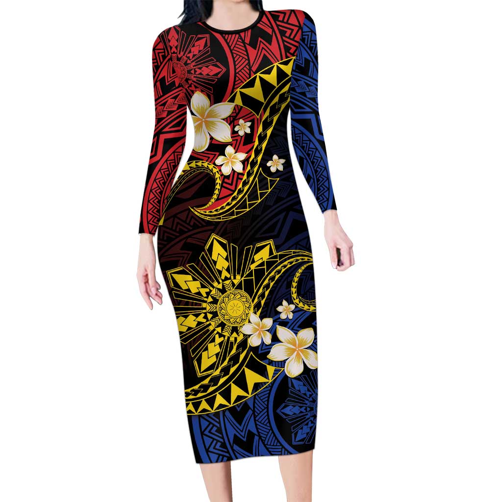 Philippines Spirit Tribal Sun Plumeria Family Matching Long Sleeve Bodycon Dress and Hawaiian Shirt Red And Blue Polynesian Pattern