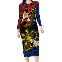 Philippines Spirit Tribal Sun Plumeria Family Matching Long Sleeve Bodycon Dress and Hawaiian Shirt Red And Blue Polynesian Pattern