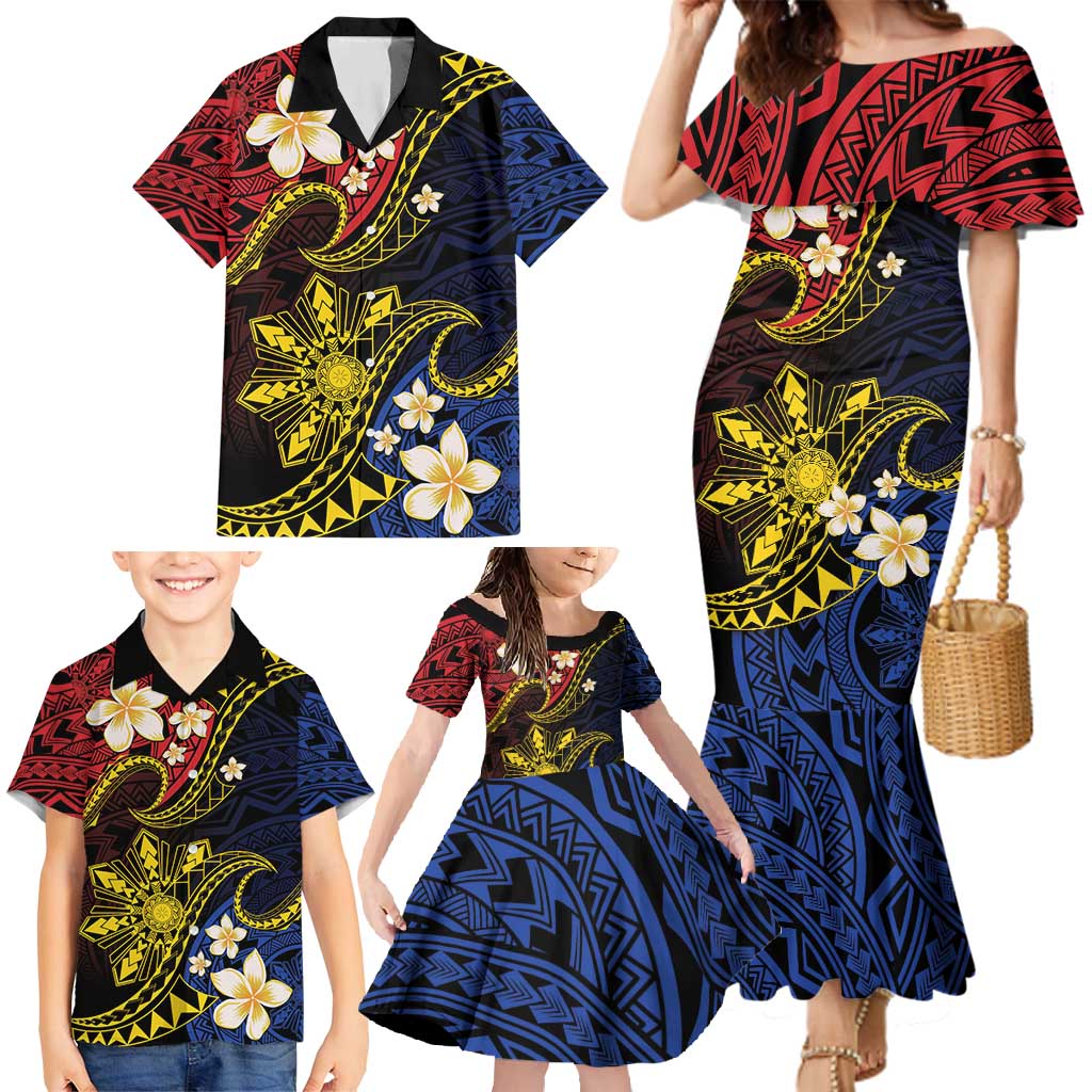 Philippines Spirit Tribal Sun Plumeria Family Matching Mermaid Dress and Hawaiian Shirt Red And Blue Polynesian Pattern