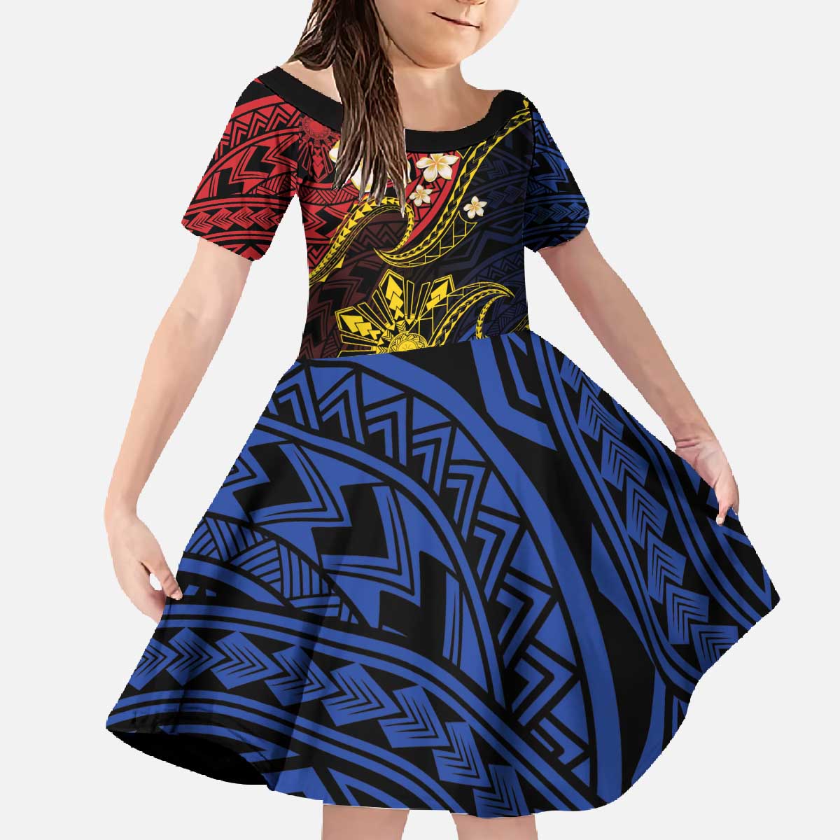 Philippines Spirit Tribal Sun Plumeria Family Matching Off The Shoulder Long Sleeve Dress and Hawaiian Shirt Red And Blue Polynesian Pattern