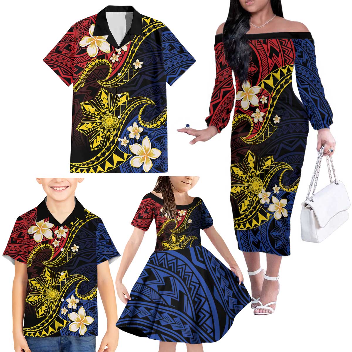 Philippines Spirit Tribal Sun Plumeria Family Matching Off The Shoulder Long Sleeve Dress and Hawaiian Shirt Red And Blue Polynesian Pattern