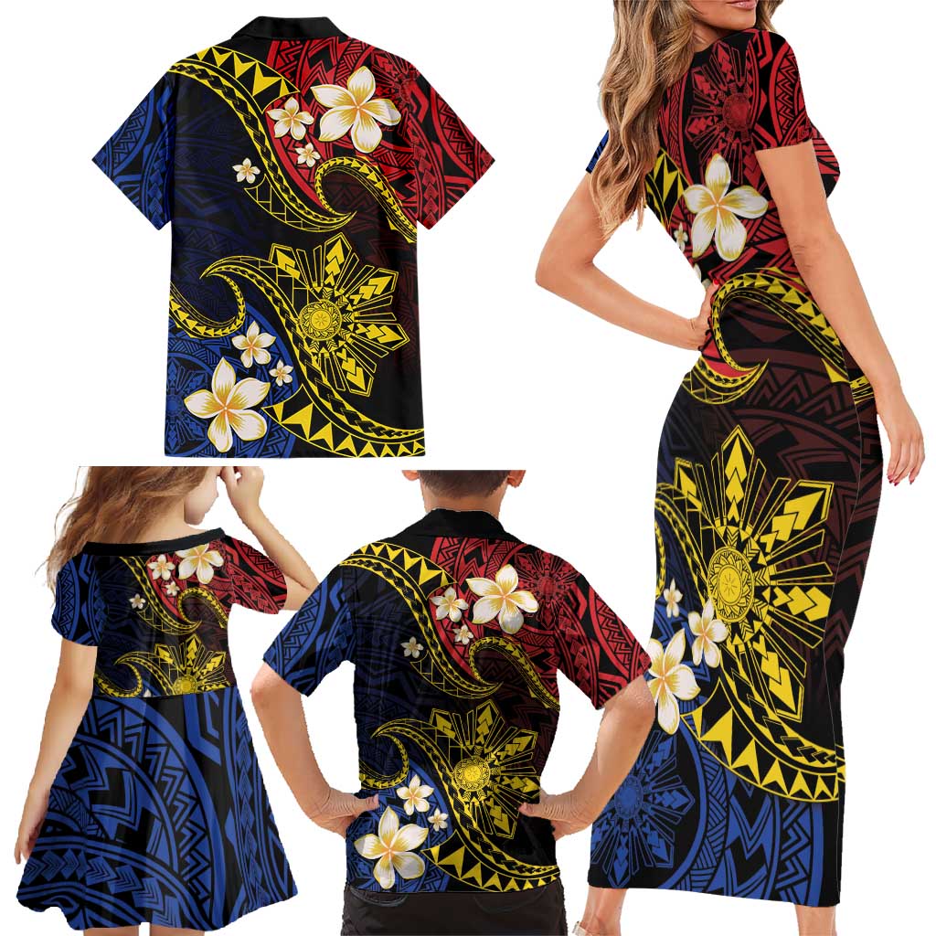 Philippines Spirit Tribal Sun Plumeria Family Matching Short Sleeve Bodycon Dress and Hawaiian Shirt Red And Blue Polynesian Pattern