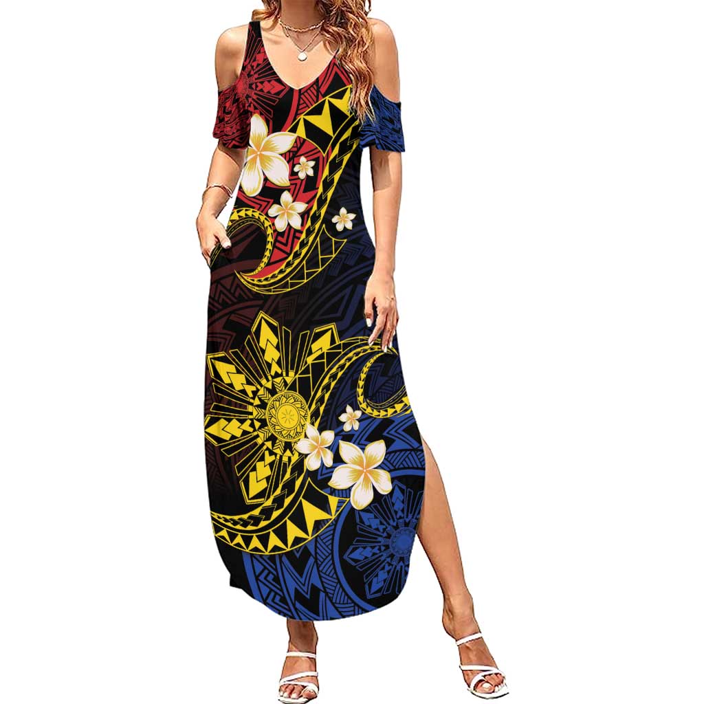 Philippines Spirit Tribal Sun Plumeria Family Matching Summer Maxi Dress and Hawaiian Shirt Red And Blue Polynesian Pattern