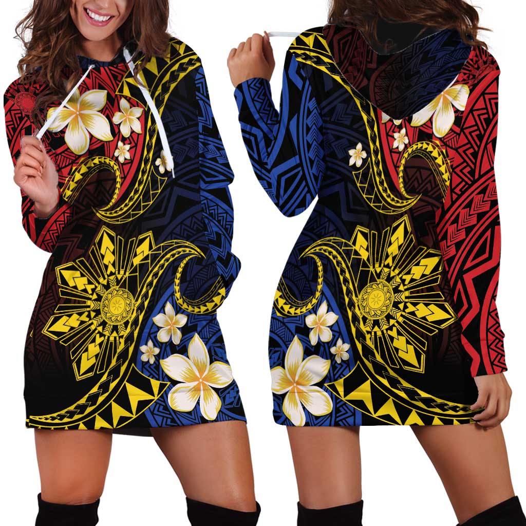 Philippines Spirit Tribal Sun Plumeria Hoodie Dress Red And Blue Polynesian Pattern