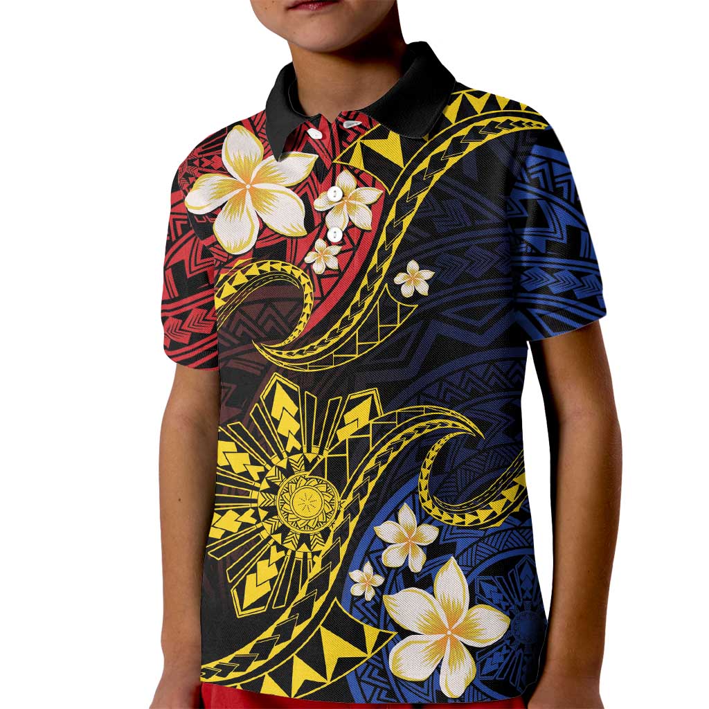 Philippines Spirit Tribal Sun Plumeria Kid Polo Shirt Red And Blue Polynesian Pattern