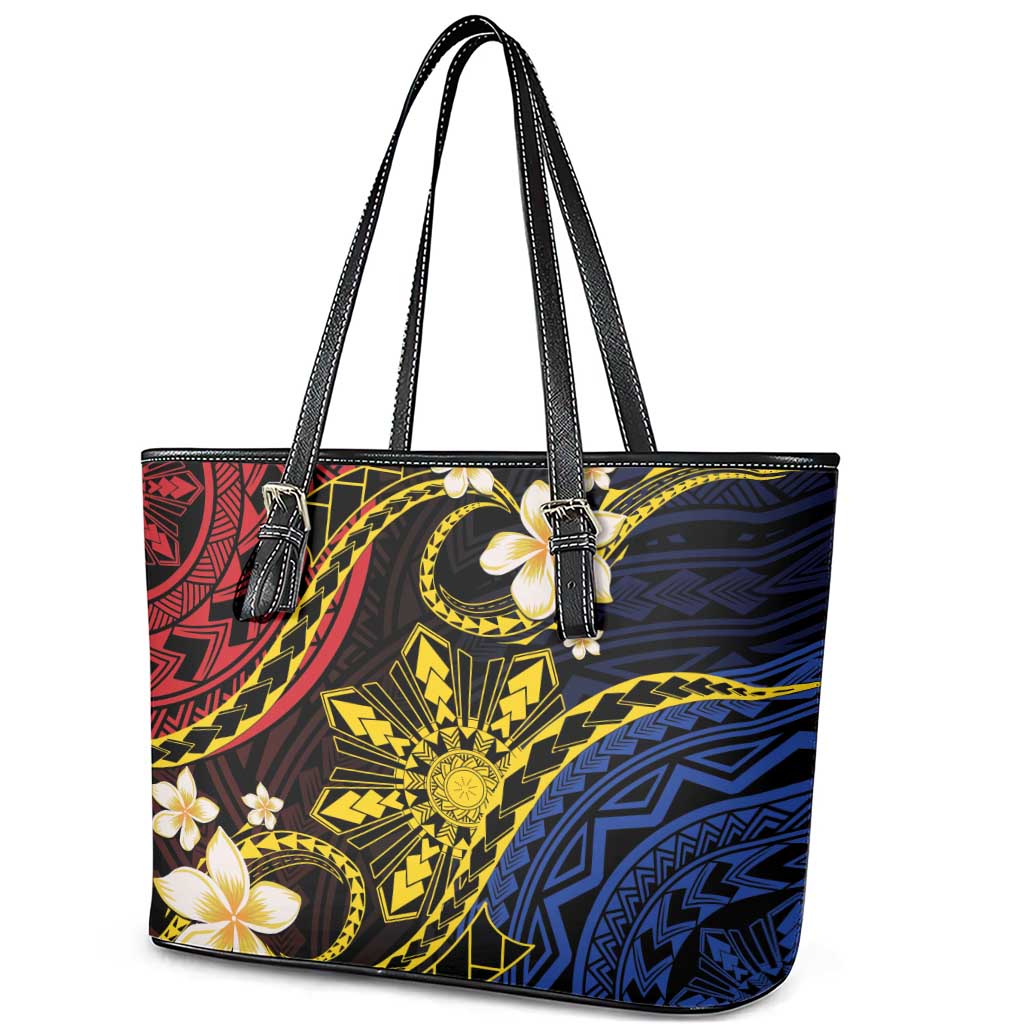 Philippines Spirit Tribal Sun Plumeria Leather Tote Bag Red And Blue Polynesian Pattern