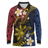 Philippines Spirit Tribal Sun Plumeria Long Sleeve Polo Shirt Red And Blue Polynesian Pattern