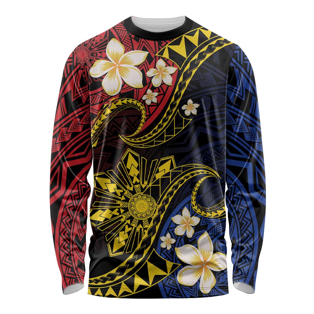 Philippines Spirit Tribal Sun Plumeria Long Sleeve Shirt Red And Blue Polynesian Pattern