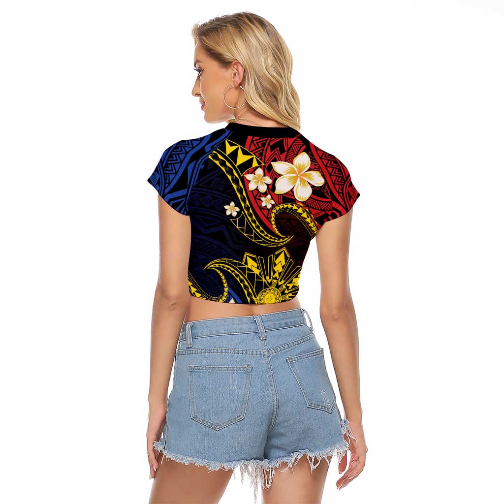 Philippines Spirit Tribal Sun Plumeria Raglan Cropped T Shirt Red And Blue Polynesian Pattern