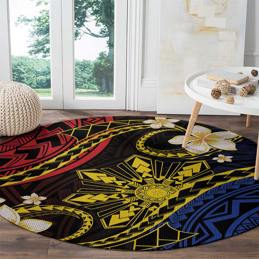 Philippines Spirit Tribal Sun Plumeria Round Carpet Red And Blue Polynesian Pattern