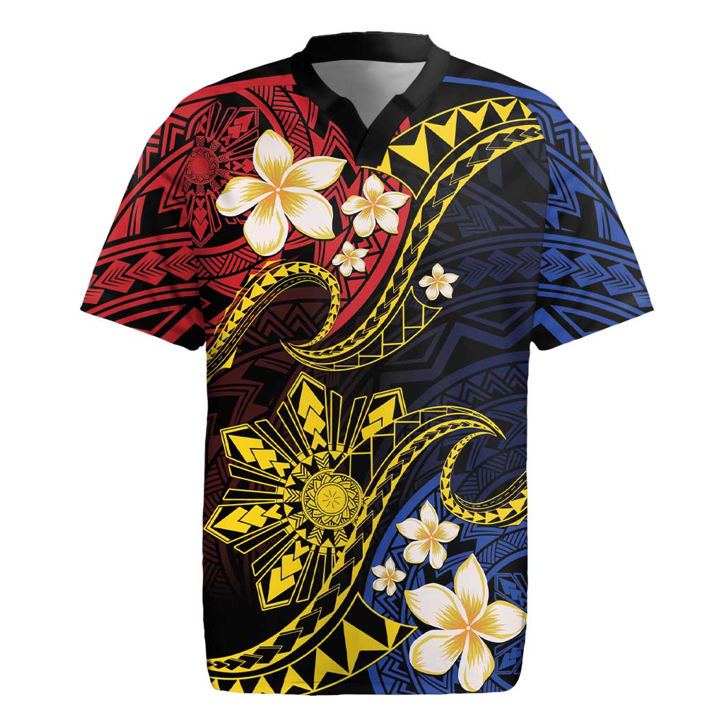 Philippines Spirit Tribal Sun Plumeria Rugby Jersey Red And Blue Polynesian Pattern