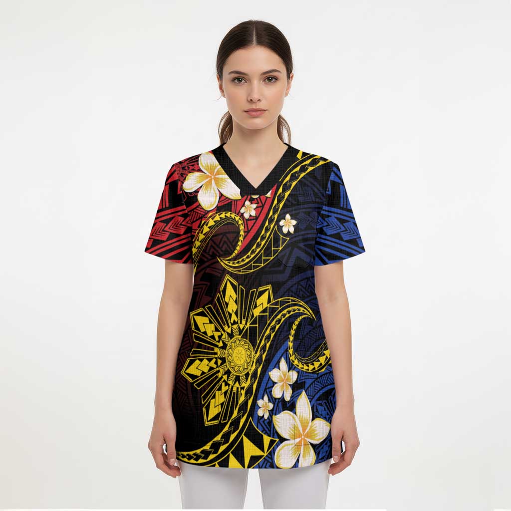 Philippines Spirit Tribal Sun Plumeria Scrub Top Red And Blue Polynesian Pattern - Polynesian Pride