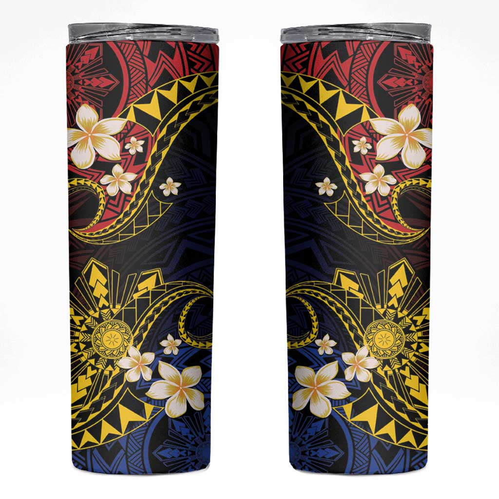 Philippines Spirit Tribal Sun Plumeria Skinny Tumbler Red And Blue Polynesian Pattern LT01 Black - Polynesian Pride