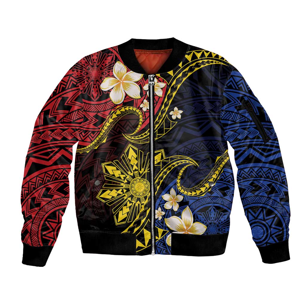 Philippines Spirit Tribal Sun Plumeria Sleeve Zip Bomber Jacket Red And Blue Polynesian Pattern