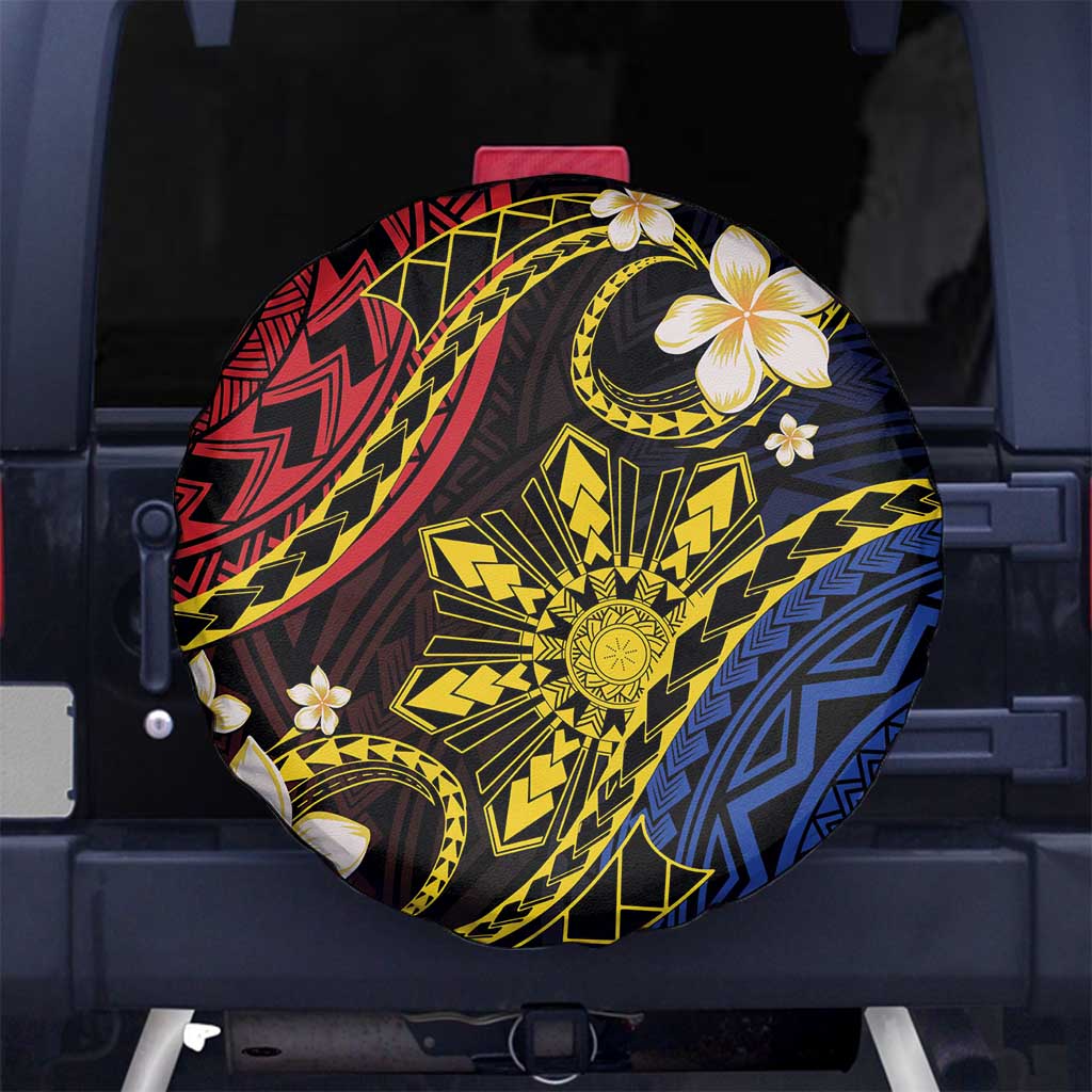 Philippines Spirit Tribal Sun Plumeria Spare Tire Cover Red And Blue Polynesian Pattern