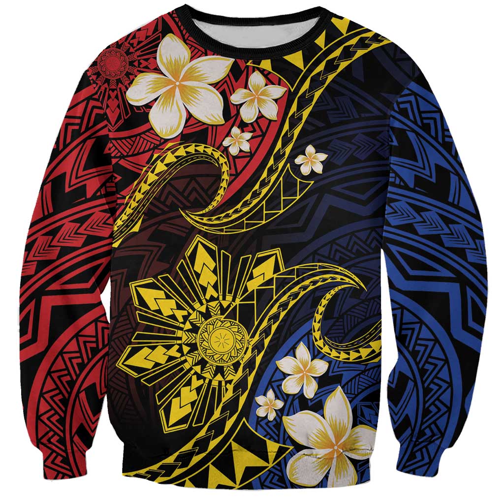 Philippines Spirit Tribal Sun Plumeria Sweatshirt Red And Blue Polynesian Pattern