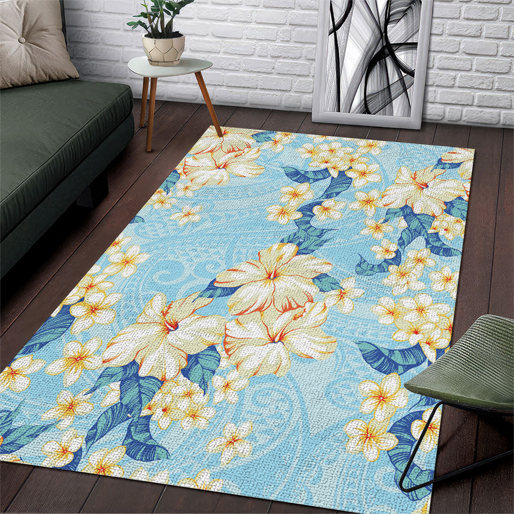 Hawaii Hibiscus Plumeria Blue Area Rug Polynesian Pattern
