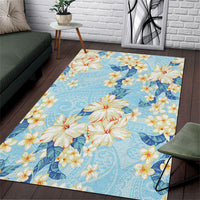 Hawaii Hibiscus Plumeria Blue Area Rug Polynesian Pattern