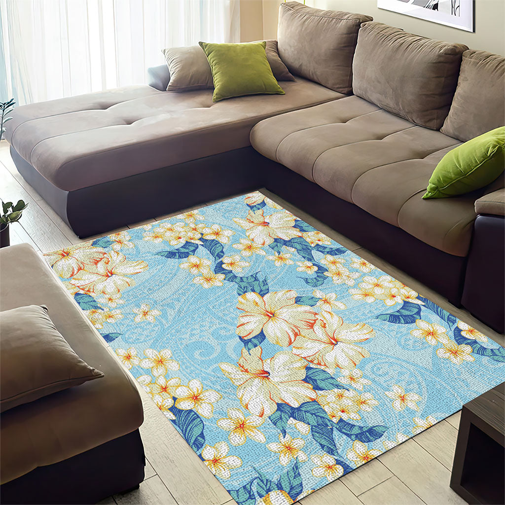 Hawaii Hibiscus Plumeria Blue Area Rug Polynesian Pattern