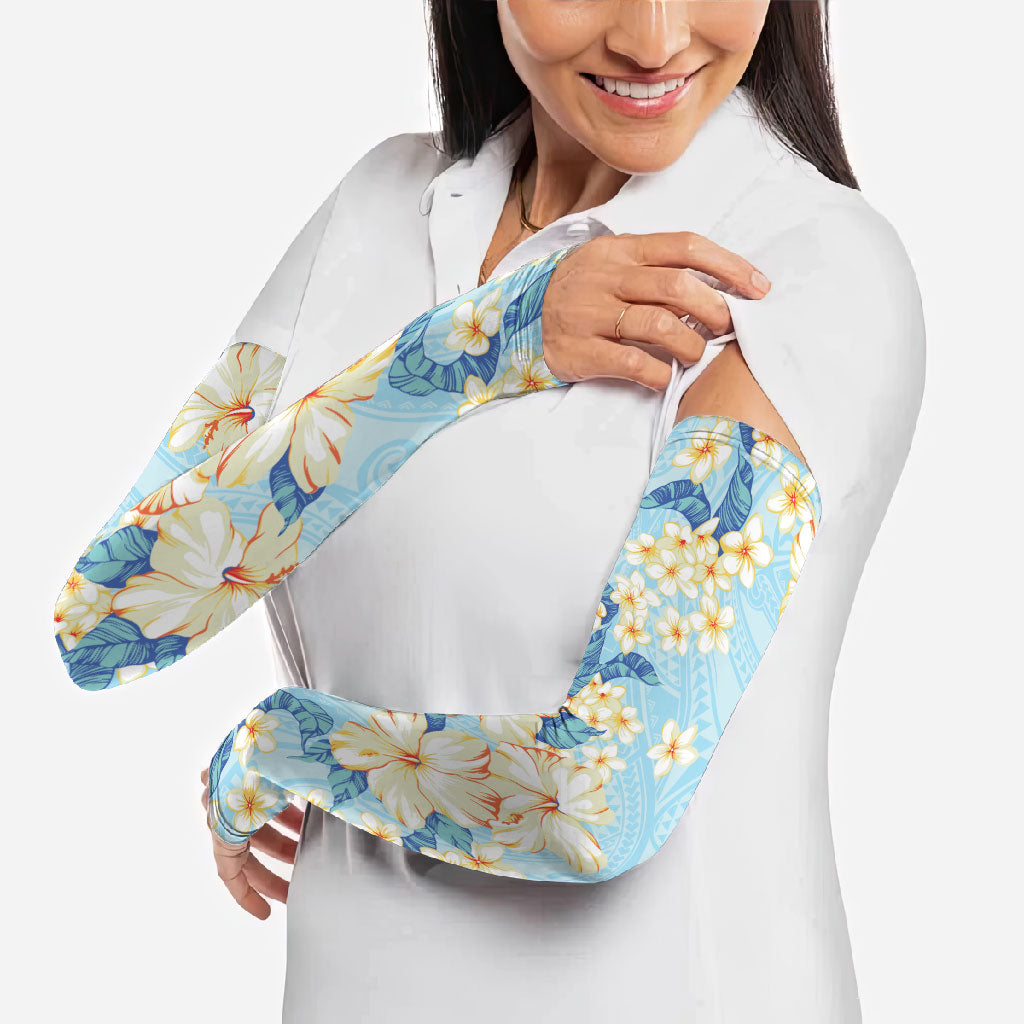 Hawaii Hibiscus Plumeria Blue Arm Sleeves Polynesian Pattern