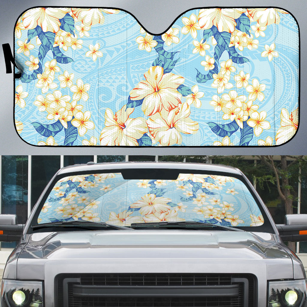 Hawaii Hibiscus Plumeria Blue Auto Sun Shade Polynesian Pattern