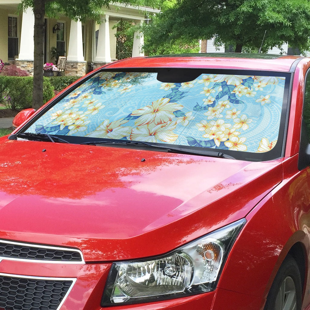 Hawaii Hibiscus Plumeria Blue Auto Sun Shade Polynesian Pattern