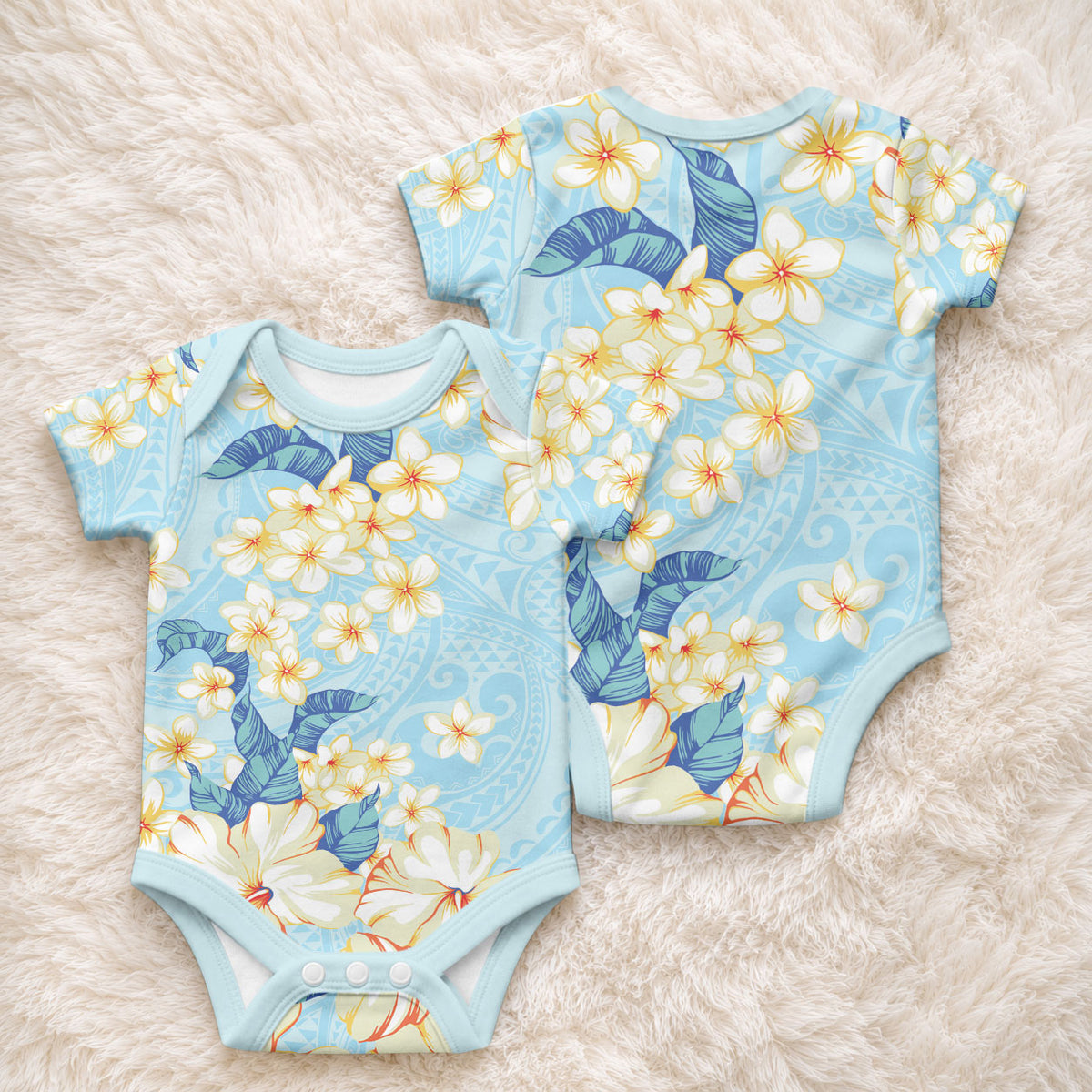 Hawaii Hibiscus Plumeria Blue Baby Onesie Polynesian Pattern