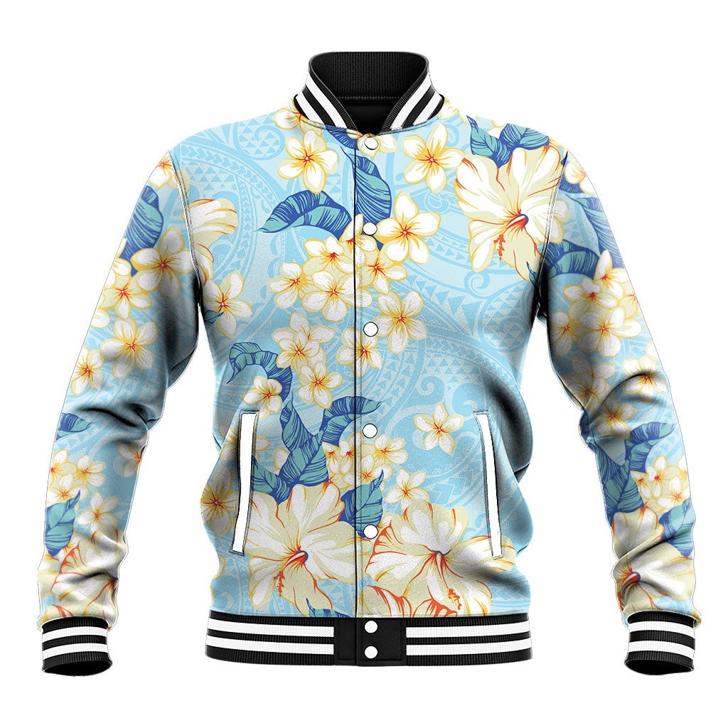 Hawaii Hibiscus Plumeria Blue Baseball Jacket Polynesian Pattern