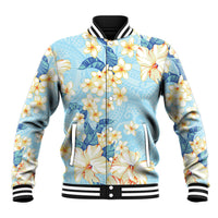 Hawaii Hibiscus Plumeria Blue Baseball Jacket Polynesian Pattern