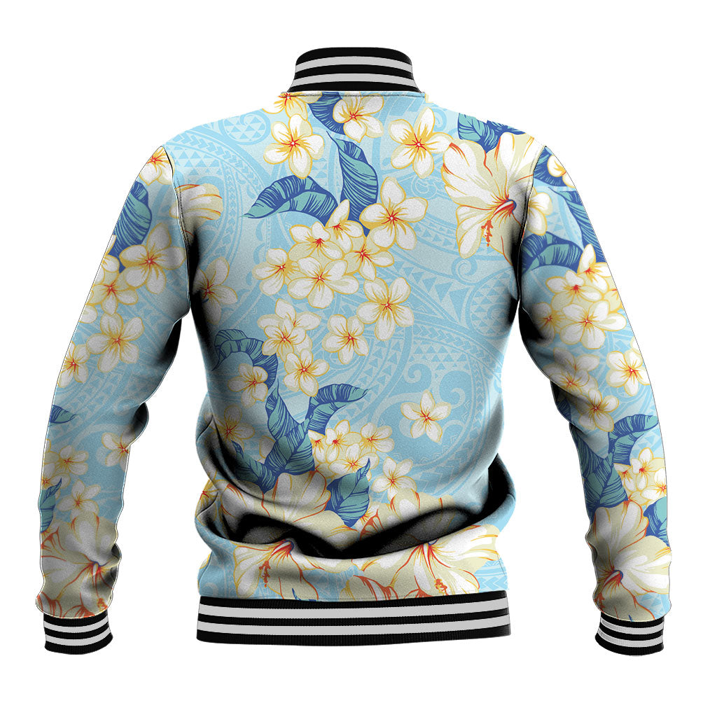 Hawaii Hibiscus Plumeria Blue Baseball Jacket Polynesian Pattern
