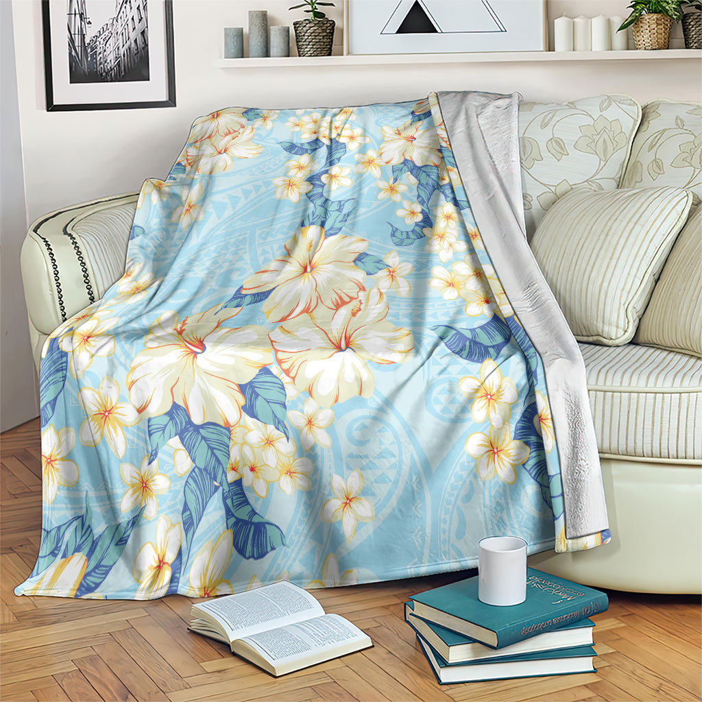 Hawaii Hibiscus Plumeria Blue Blanket Polynesian Pattern