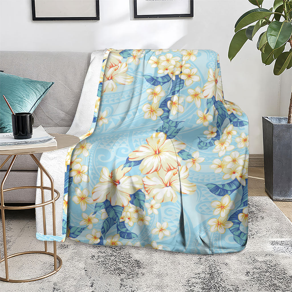 Hawaii Hibiscus Plumeria Blue Blanket Polynesian Pattern