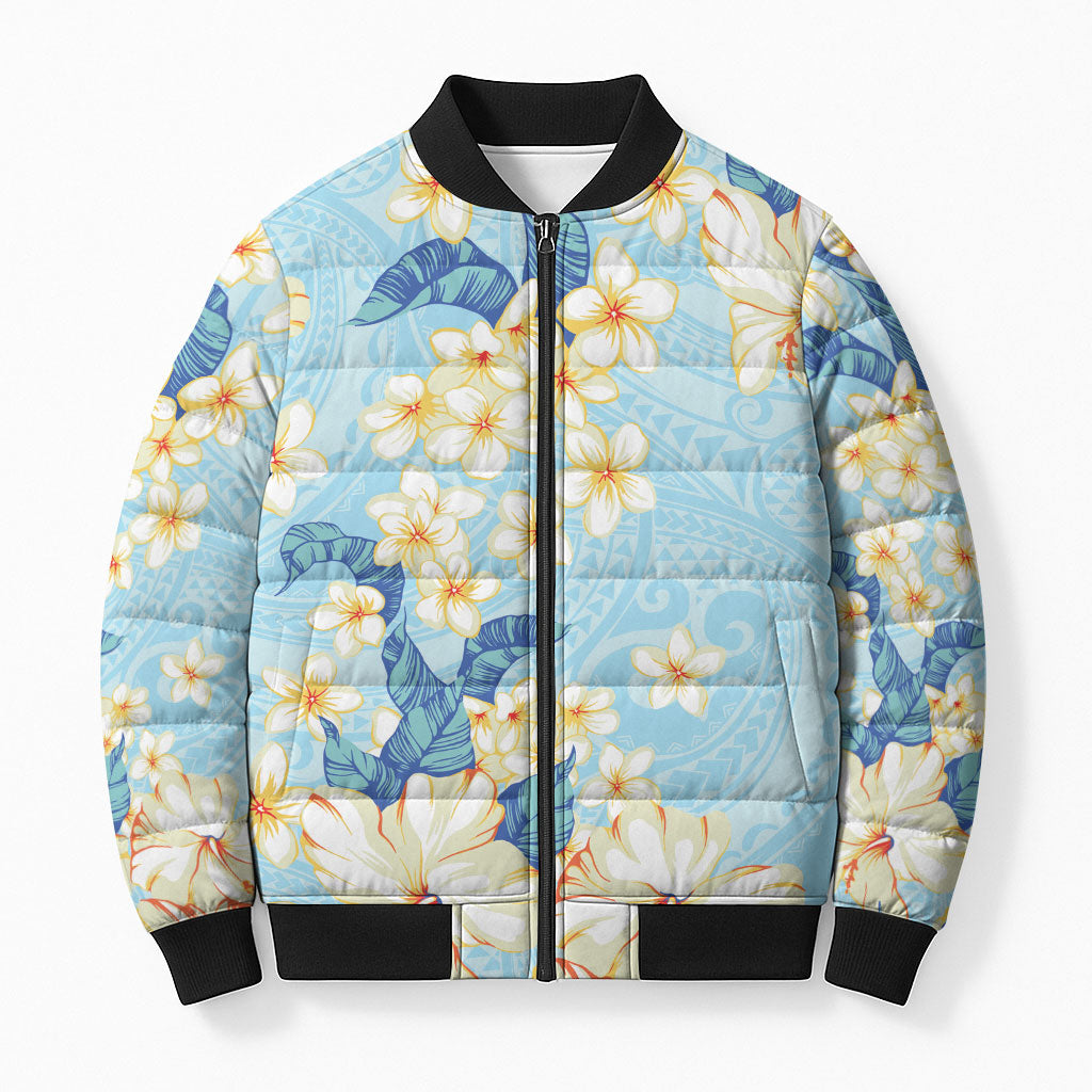 Hawaii Hibiscus Plumeria Blue Bomber Puffer Jacket Polynesian Pattern