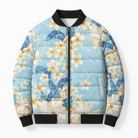 Hawaii Hibiscus Plumeria Blue Bomber Puffer Jacket Polynesian Pattern