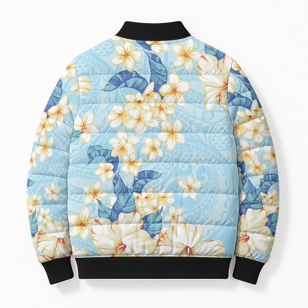 Hawaii Hibiscus Plumeria Blue Bomber Puffer Jacket Polynesian Pattern