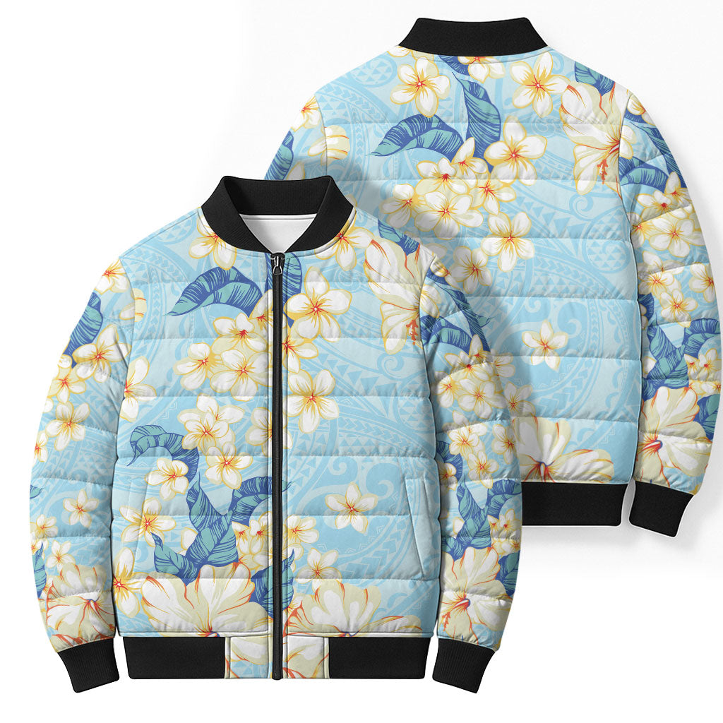 Hawaii Hibiscus Plumeria Blue Bomber Puffer Jacket Polynesian Pattern