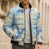 Hawaii Hibiscus Plumeria Blue Bomber Puffer Jacket Polynesian Pattern