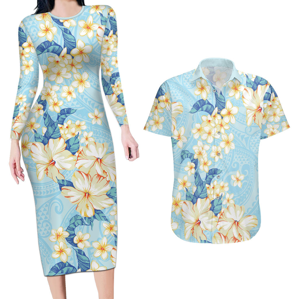 Hawaii Hibiscus Plumeria Blue Couples Matching Long Sleeve Bodycon Dress and Hawaiian Shirt Polynesian Pattern LT01 Blue - Polynesian Pride